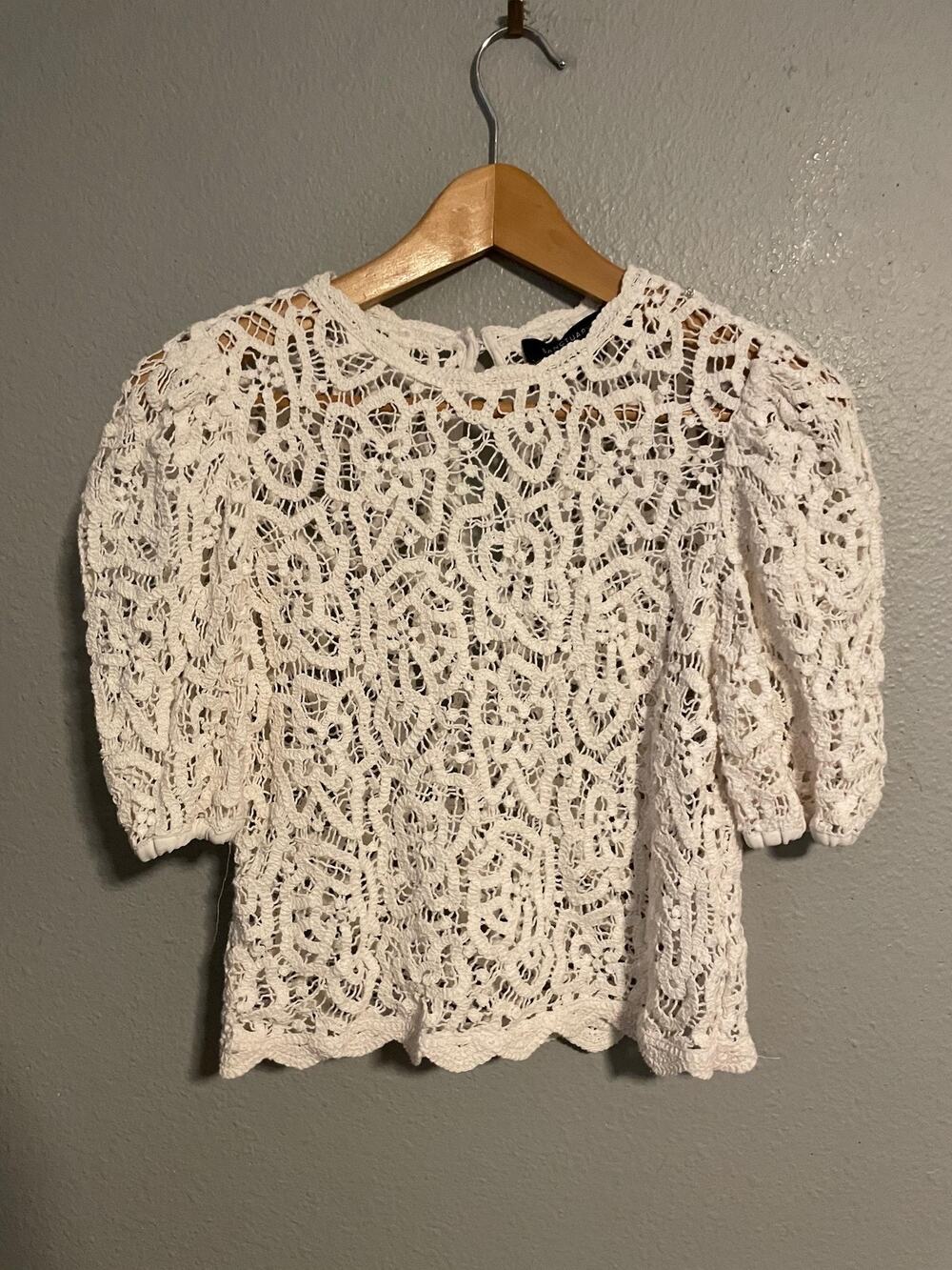 Sanctuary Top Womens XS White Crochet Puff Sleeve Sheer Romantic Fairy Boho